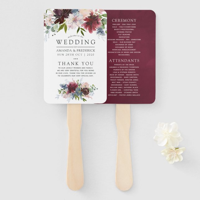 Leque Programa de Casamento Floral Burgundy e Azul Marin (Frente e Verso)