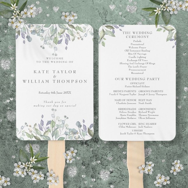 Leque Programa de Casamento Floral com Aguarela Verde (Watercolor Greenery Floral Wedding Program Hand Fan)