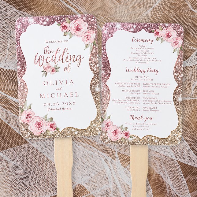 Leque Programa de casamento floral com brilho rosa de Sp (Sparkle rose gold glitter floral wedding program hand fan)