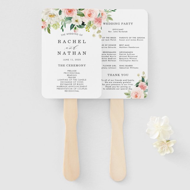Leque Programa de Casamento Floral de Blush White Bloom (Frente e Verso)