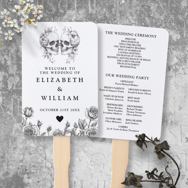 Leque Programa de Casamento Floral de Caveiras Góticas (Gothic Skulls Floral Wedding Program Hand Fan)