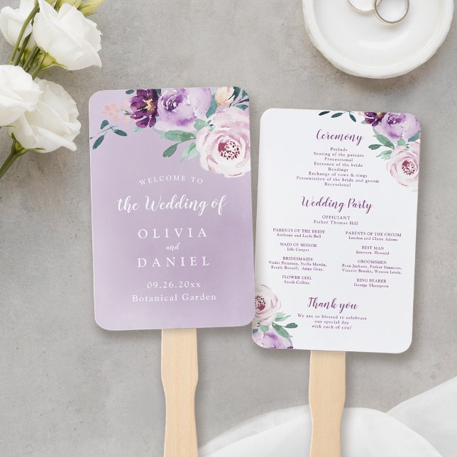 Leque Programa de casamento floral de cor roxa-de-fundo (Blooming botanical purple floral wedding program hand fan)