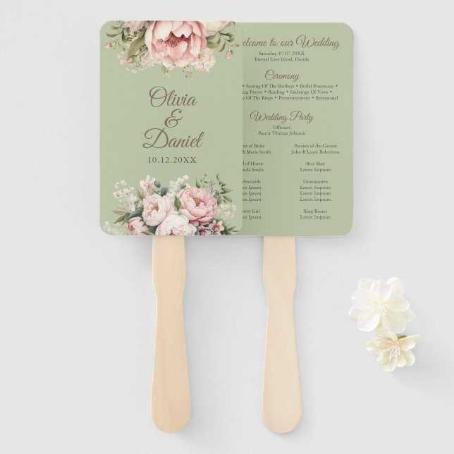 Leque Programa de Casamento Floral de Peônia Verde Safir (Frente e Verso)