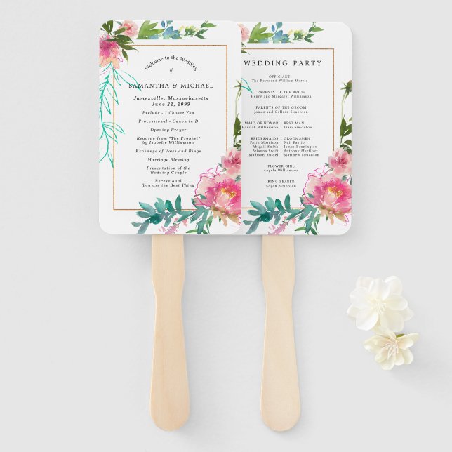 Leque Programa de Casamento Floral de Peony Rosa-Rosa-Ro (Frente e Verso)