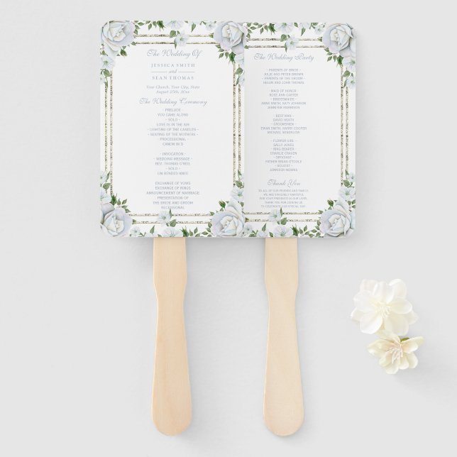 Leque Programa de Casamento Floral de Rosas Elegantes e  (Frente e Verso)