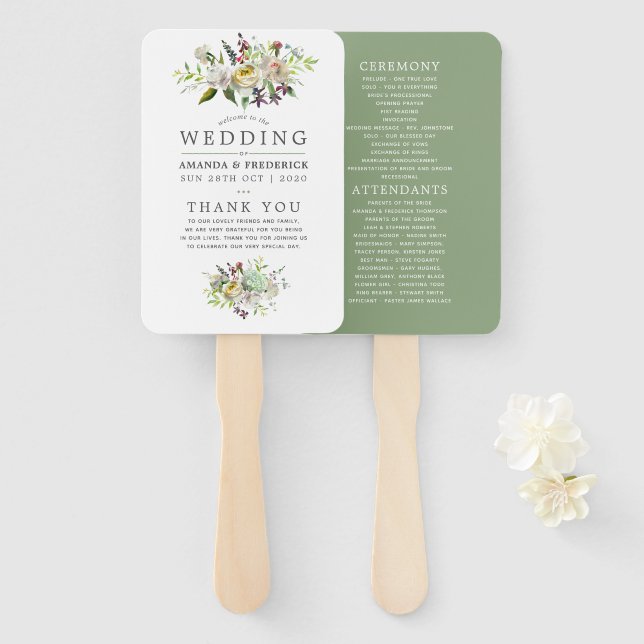 Leque Programa de Casamento Floral de Sage Green e White (Frente e Verso)