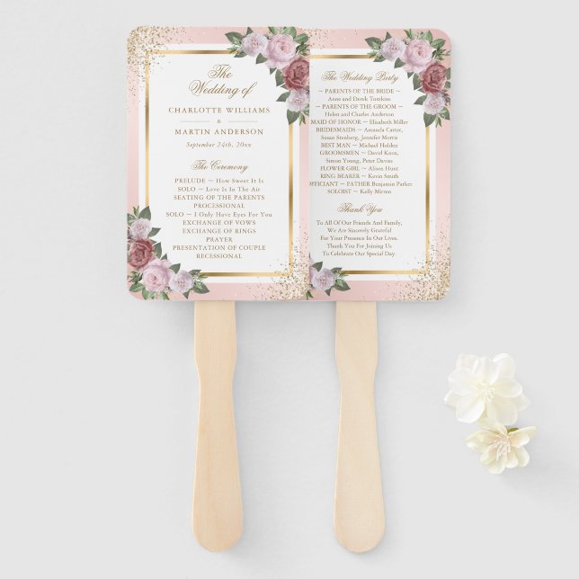 Leque Programa de Casamento Floral Dourado Cor-de-Rosa E (Frente e Verso)