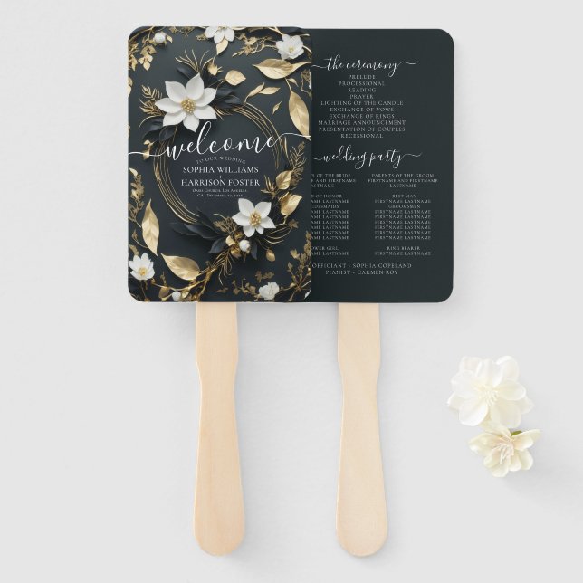 Leque Programa de Casamento Floral Dourado e Branco Negr (Frente e Verso)