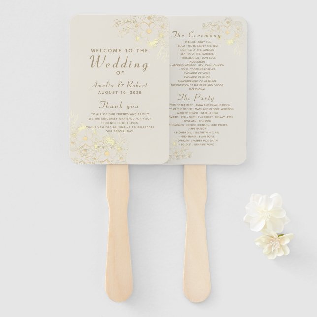 Leque Programa de Casamento Floral Dourado Elegante (Frente e Verso)