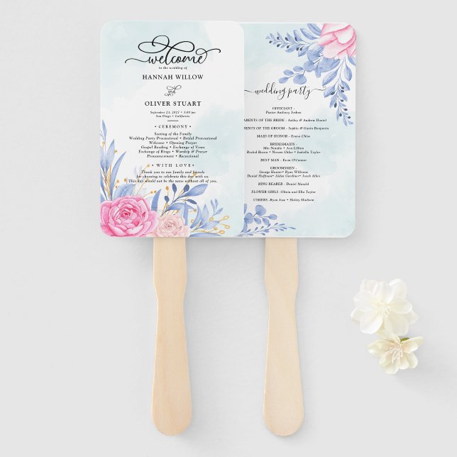 Leque Programa de Casamento Floral Dusty Blue Eucalyptus (Frente e Verso)