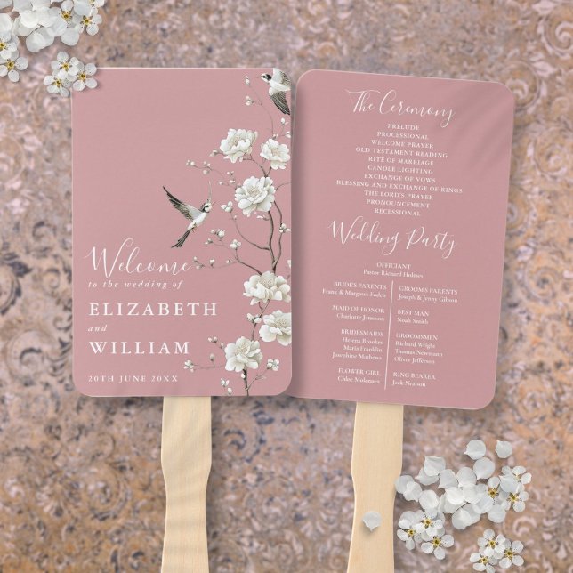 Leque Programa de Casamento Floral Dusty Rosa Chinoiseri (Dusty Rose Chinoiserie Floral Wedding Program Hand Fan)