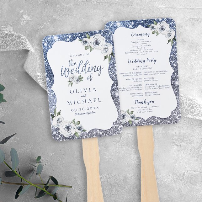Leque Programa de casamento floral e brilhante (Sparkle blue glitter and floral wedding program hand fan)