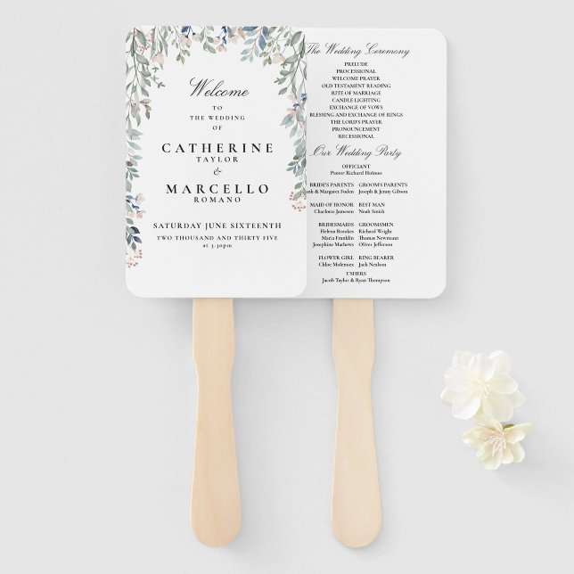 Leque Programa de Casamento Floral Elegante (Frente e Verso)