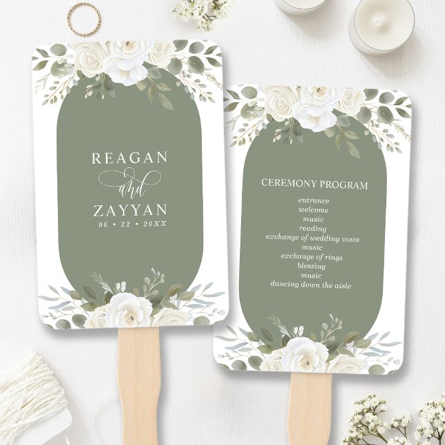 Leque Programa de Casamento Floral Elegante Marfim e Sag (Criador carregado)
