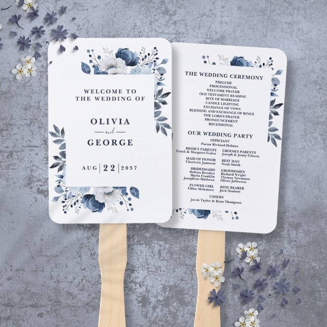 Leque Programa de Casamento Floral Elegante marinho Azul (Navy Blue Elegant Floral Wedding Program Hand Fan)