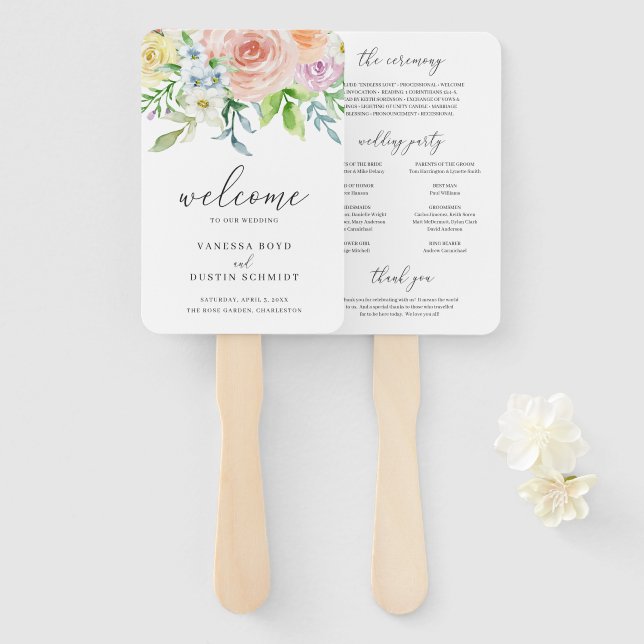 Leque Programa de Casamento Floral Elegante Moderno em T (Frente e Verso)