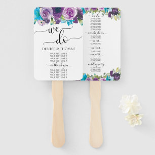 Leque Programa de Casamento Floral em Aquarela Azul Roxo