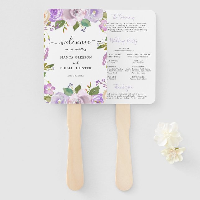 Leque Programa de Casamento Floral em Aquarela Lilás Ele (Frente e Verso)