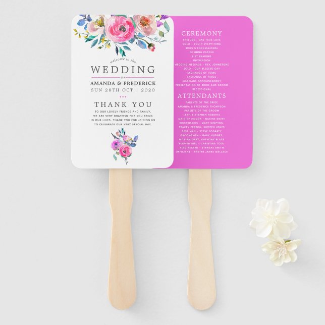 Leque Programa de Casamento Floral em Aquarela Rosa-Inte (Frente e Verso)