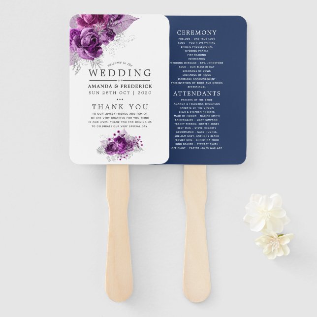 Leque Programa de Casamento Floral em Aquarela Roxo e Az (Frente e Verso)