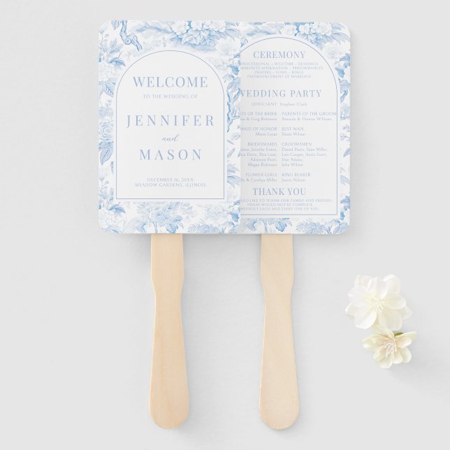 Leque Programa de Casamento Floral em Chinoiserie de Por (Frente e Verso)