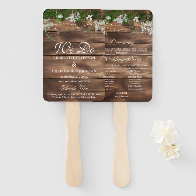 Leque Programa de Casamento Floral em Madeira Rústica de (Frente e Verso)