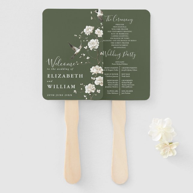 Leque Programa de casamento floral em verde oliva com ch (Frente e Verso)