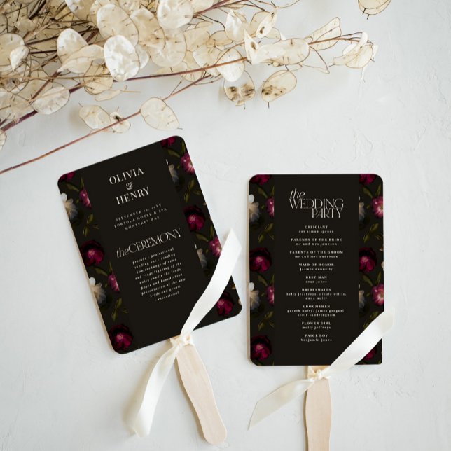Leque Programa de Casamento Floral Escuro Elegante Borgo (Criador carregado)