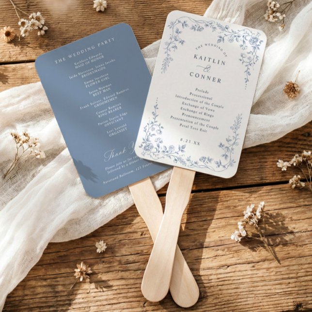 Leque Programa de Casamento Floral Francês Azul Empoeira (Dusty blue wedding program fan with vintage French chinoiserie floral frame)