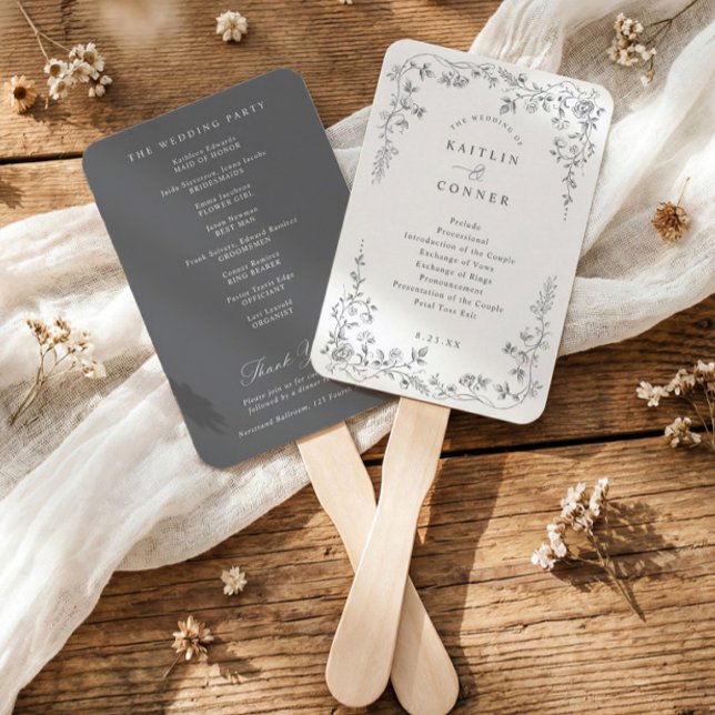 Leque Programa de Casamento Floral Francês Cinza Prata V (Silver gray wedding program fan with vintage French chinoiserie floral frame)