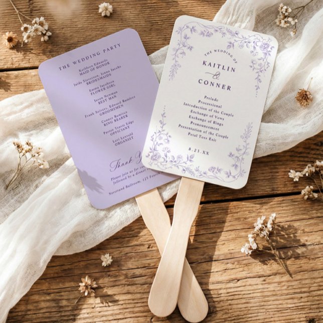 Leque Programa de Casamento Floral Francês Lavanda Vinta (Lavender wedding program fan with vintage French chinoiserie floral elements)