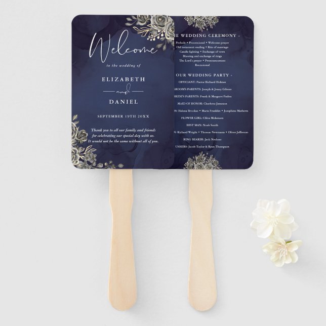 Leque Programa de Casamento Floral Gótico Azul Meia-Noit (Frente e Verso)