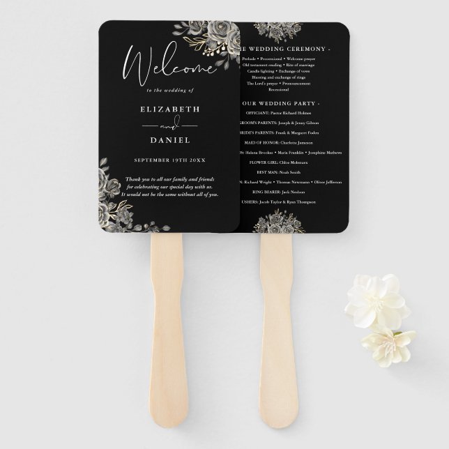 Leque Programa de Casamento Floral Gótico Preto e Branco (Frente e Verso)