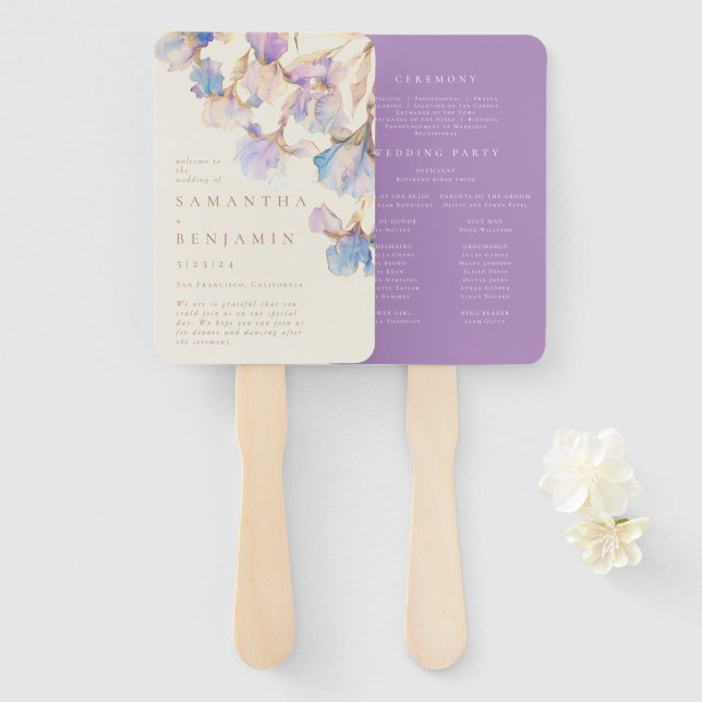 Leque Programa de Casamento Floral Íris Elegante (Frente e Verso)