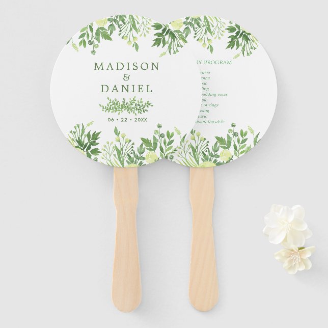 Leque Programa de Casamento Floral Jardim com Aguarela (Frente e Verso)