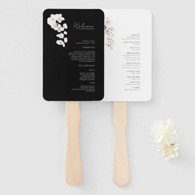 Leque Programa de Casamento Floral para Orquídeas Branca (Frente e Verso)