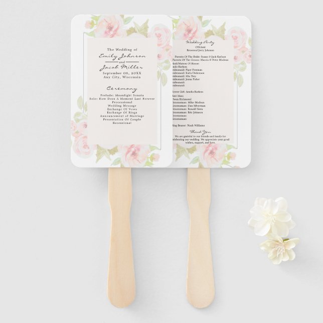 Leque Programa de Casamento Floral Rosa Água Cor Rosa (Frente e Verso)