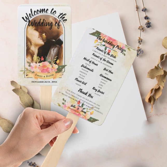 Leque Programa de Casamento Floral Rosa Bonito CASAMENTO (Wedding Program Pretty Peach Floral Cute WEDDING Hand Fan)