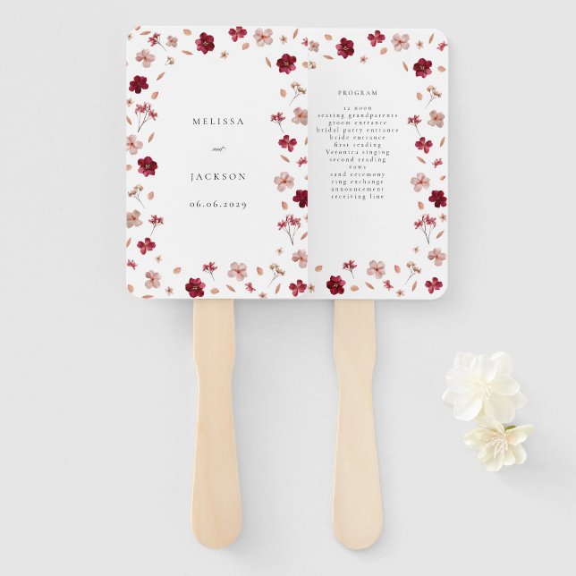 Leque Programa de casamento floral rosa e creme vermelho (Frente e Verso)