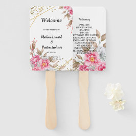 Leque Programa de Casamento Floral Rosa Quadro Dourado G