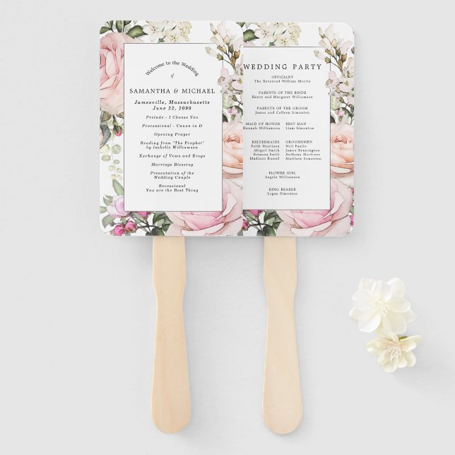 Leque Programa de Casamento Floral Rosa Rosa-Rosa-Cinzen (Frente e Verso)