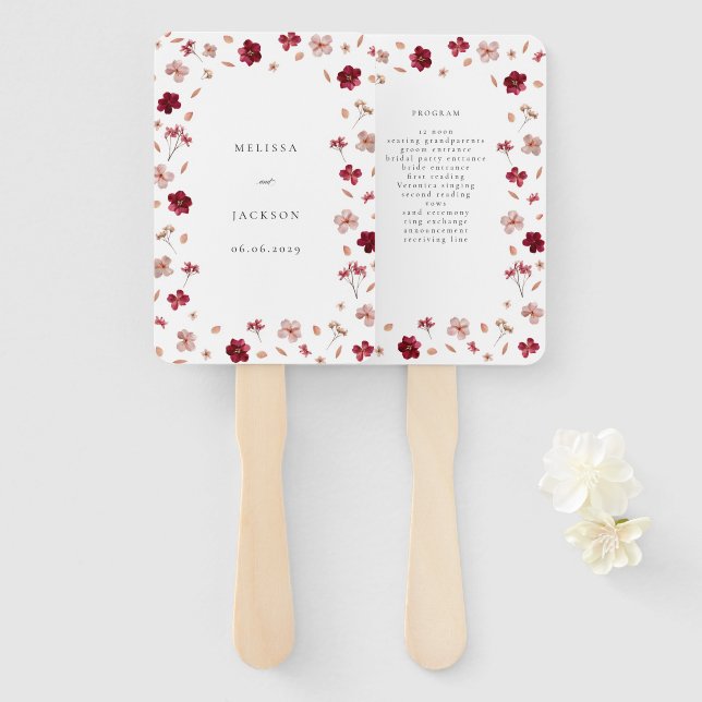 Leque Programa de Casamento floral Rosa Vermelho e Creme (Frente e Verso)