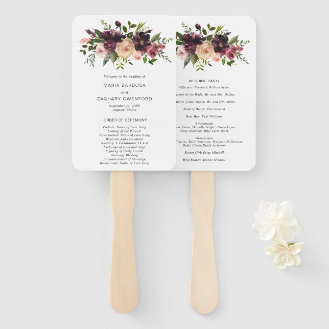 Leque Programa de Casamento Floral Roxo Burgundy Elegant (Frente e Verso)