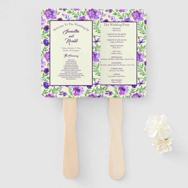 Leque Programa de Casamento Floral Roxo e Verde (Frente e Verso)