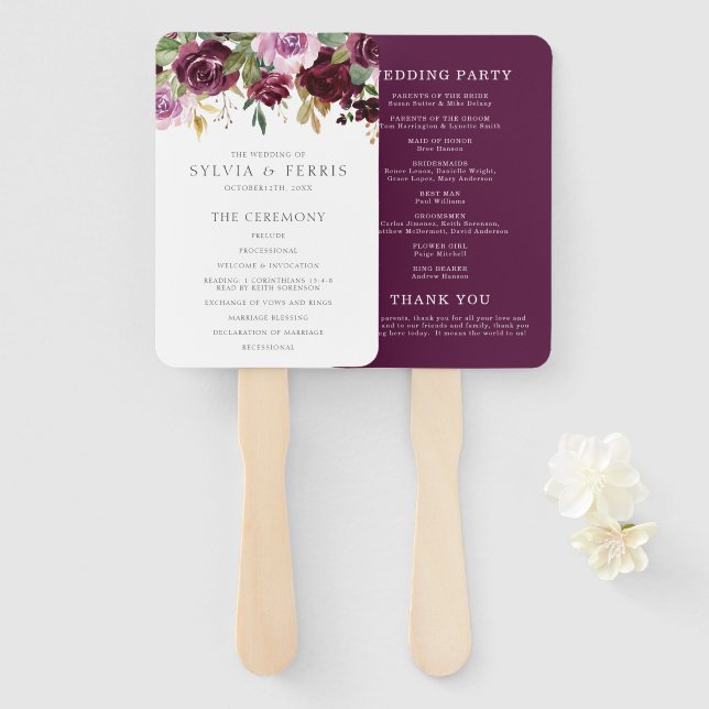 Leque Programa de Casamento Floral Roxo Elegante Ameixa (Frente e Verso)