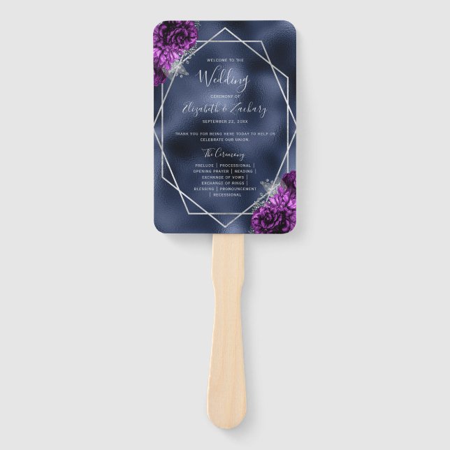 Leque Programa de Casamento Floral Roxo Geométrico Prata (Frente)