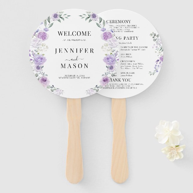 Leque Programa de Casamento Floral Roxo Lilac (Frente e Verso)