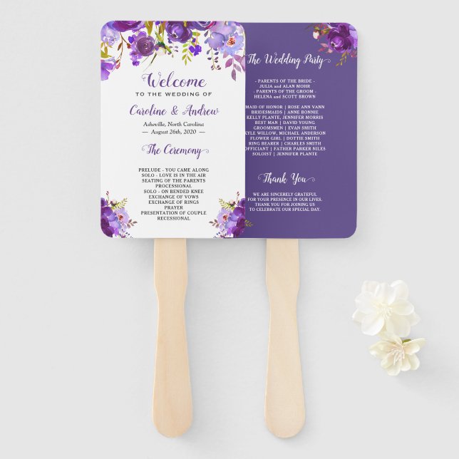 Leque Programa de Casamento Floral Roxo Ultra Violet (Frente e Verso)