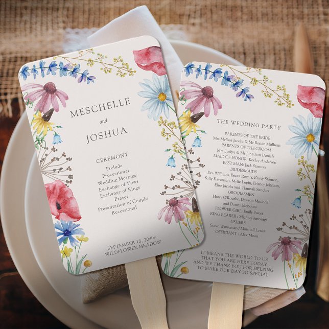 Leque Programa de Casamento Floral Rústico Charme de Flo (Program Fans with wildflower border and editable information on the front and back)