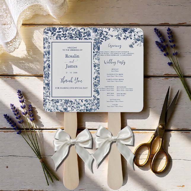 Leque Programa de Casamento Floral Toile Azul Poeirento  (Elegant Dusty Blue Toile Floral Wedding Program Hand Fan)